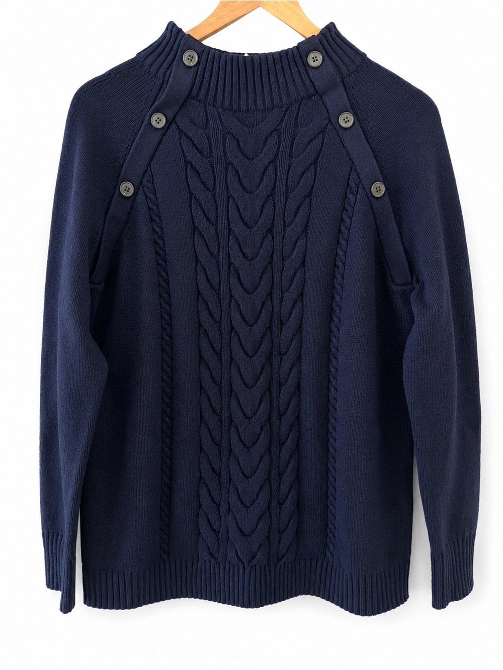 Talbots NWT Navy Cable Knit Button Shoulder Mock Neck Sweater Women’s M